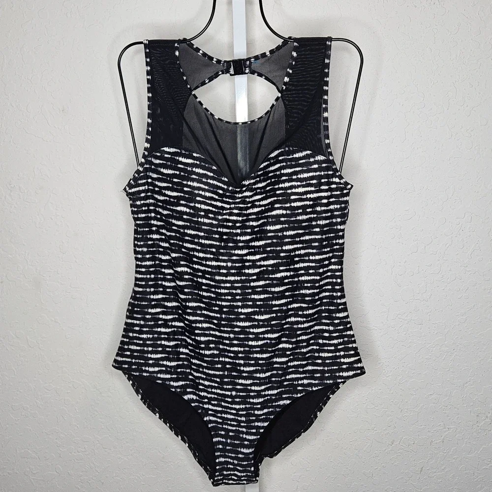 Niptuck Swim Womens Black White Ikat Mesh High Neck One Piece Swimsuit Multi Fit